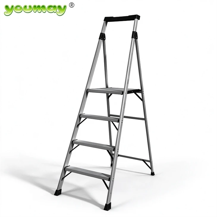 ALUMINUM 4 STEP FOLDING STEP LADDER WITH HANDRAIL & TOP PLATFORM