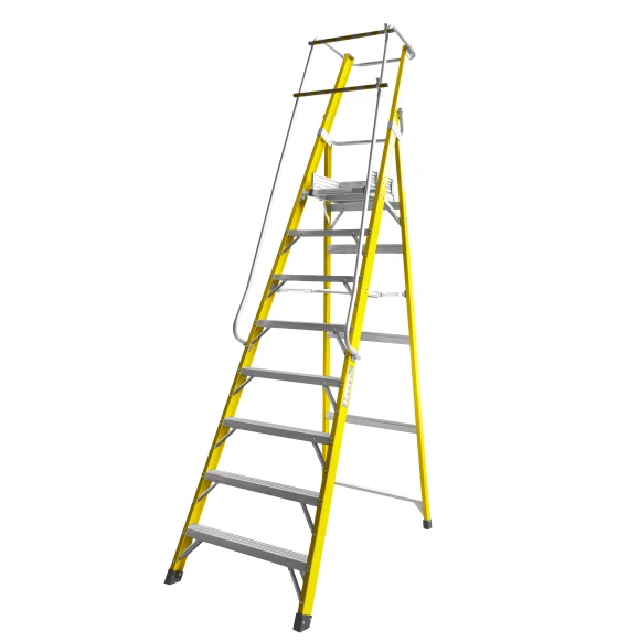 Industrial Design Strength Fiberglass Large Platform Ladder 8 Steps Mobile Safety Yellow FRP Ladder Handrail Support