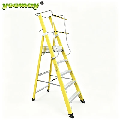 Industrial Design Strength Fiberglass Large Platform Ladder 8 Steps Mobile Safety Yellow FRP Ladder Handrail Support